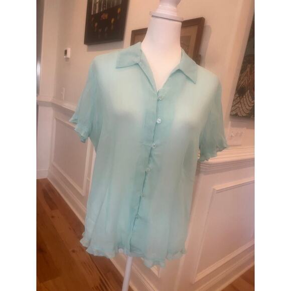 NOTATIONS sheer TURQUOISE RUFFLED button up top womens size large - Picture 8 of 8